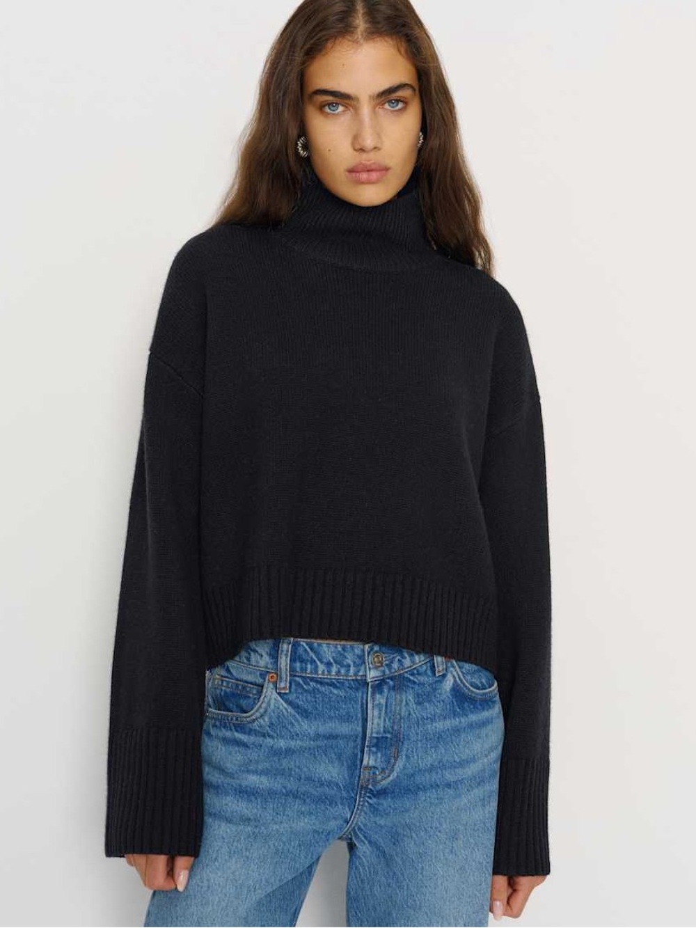 Reformation Regenerative Merino Wool Cropped Turtleneck Sweater Black Xsmall
